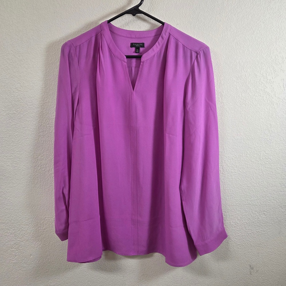 Talbots Petites 14P Orchid Purple Split Neck Long Sleeve Blouse Top Orchid